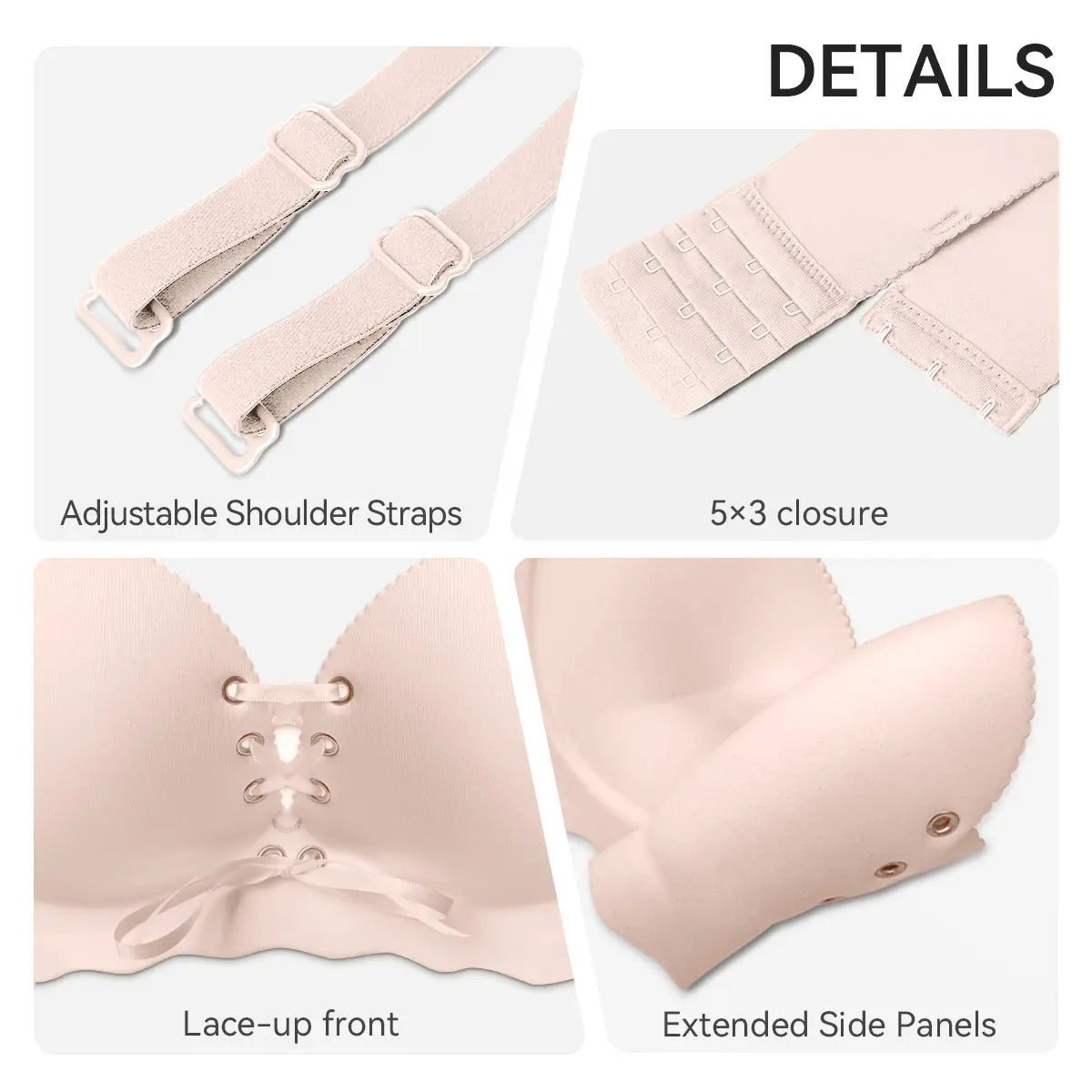 Bra features showing adjustable shoulder straps, 5×3 back closure, lace-up front design, and extended side panels on a light background.