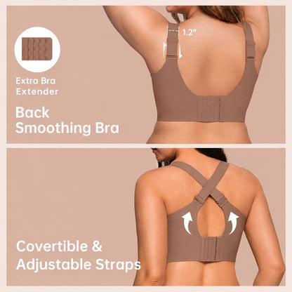 Rear-view product graphic showing a smoothing bra with adjustable 1.2-inch straps, multiple hook settings, and convertible crisscross back straps.