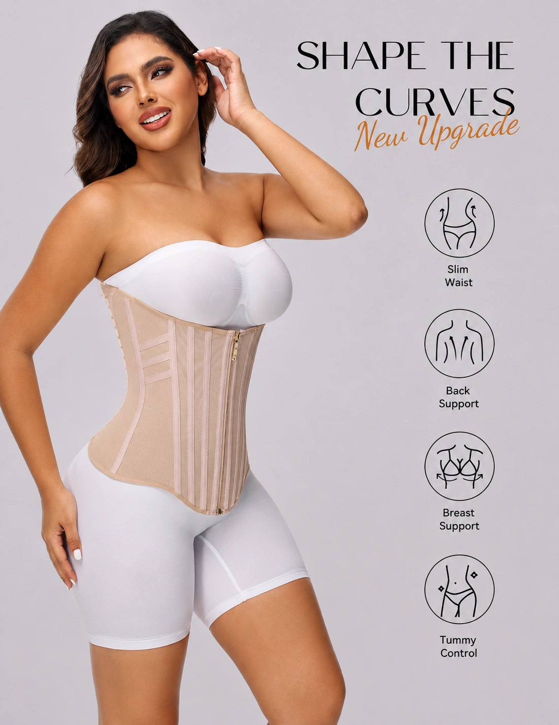 Model wearing a beige body shaping corset with structured compression panels, designed to define the waistline while providing back support, bust support, and abdominal control features.
