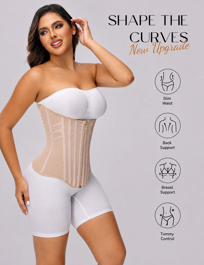 Model wearing a beige body shaping corset with structured compression panels, designed to define the waistline while providing back support, bust support, and abdominal control features.
