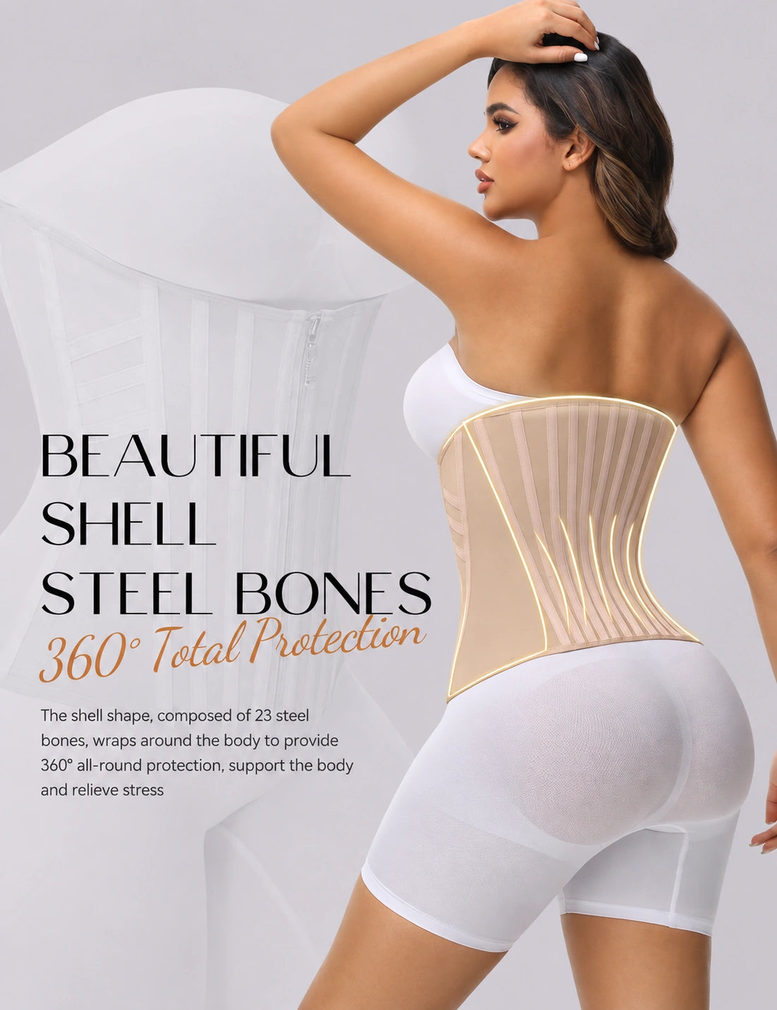 Back view of a model wearing a beige corset waist shaper featuring reinforced steel boning, a curved shell structure, full-body contour support, and a design focused on waist definition and posture improvement.