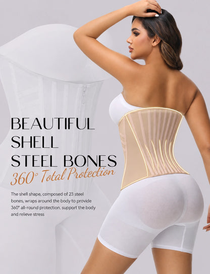 Back view of a model wearing a beige corset waist shaper featuring reinforced steel boning, a curved shell structure, full-body contour support, and a design focused on waist definition and posture improvement.