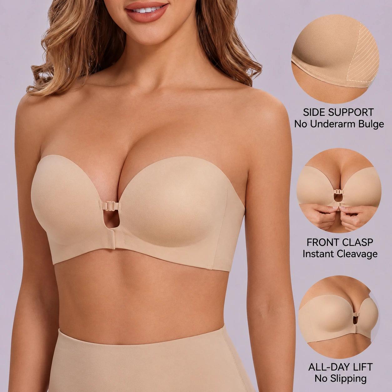 Close-up product image of a nude-colored strapless bra featuring molded cups, a center front fastening, supportive side panels, and a smooth underarm design designed to create a clean silhouette.