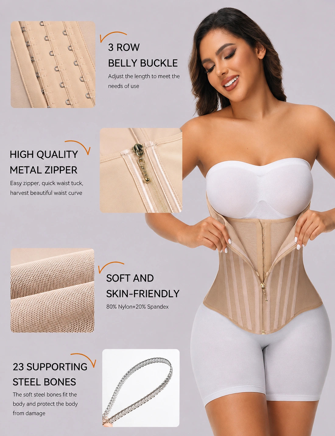 Feature overview of a beige waist corset highlighting three-row adjustable hooks, premium metal zipper, soft skin-friendly fabric blend, and 23 flexible steel bones for structured shaping support.