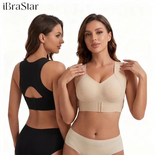 Two models showcasing a beige front-view support bra and black back-view design, highlighting the wide shoulder straps, smooth cup construction, broad underband, and rear support panel.