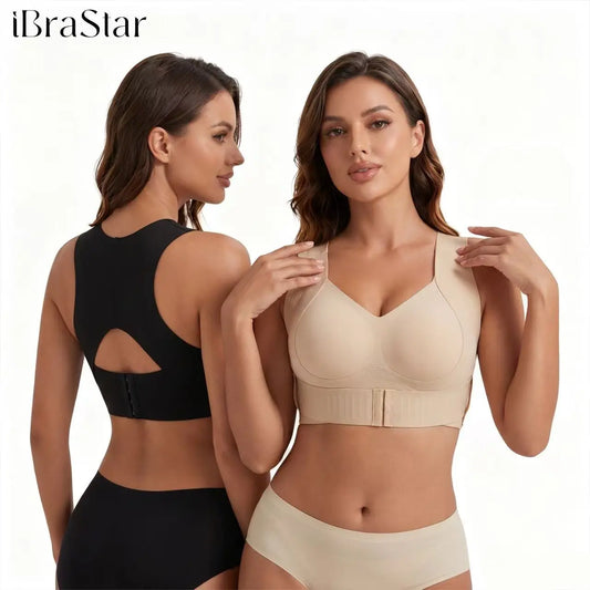 Two models showcasing a beige front-view support bra and black back-view design, highlighting the wide shoulder straps, smooth cup construction, broad underband, and rear support panel.