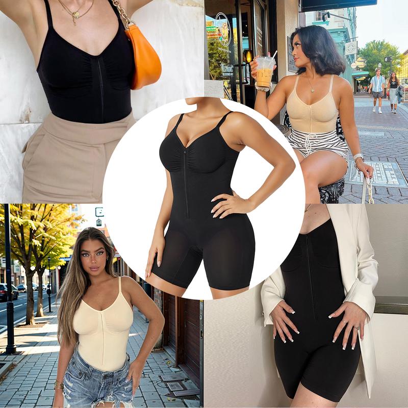 Black and beige shapewear bodysuits worn by women in everyday lifestyle settings, featuring a fitted sleeveless design with built-in body shaping and comfortable stretch fabric.