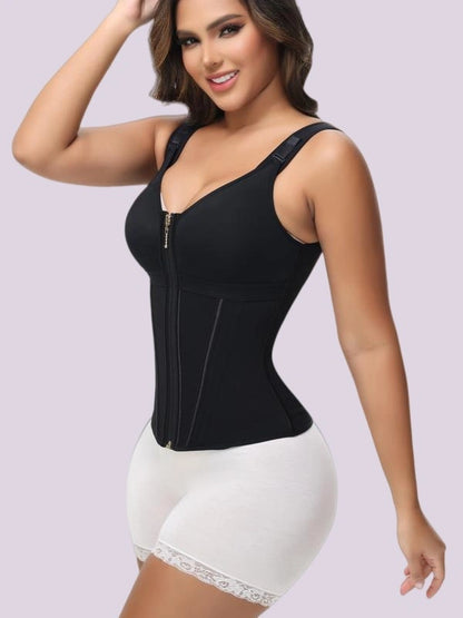 Woman wearing a black shaping bodysuit with a front zipper, adjustable shoulder straps, and defined waist-contouring panels