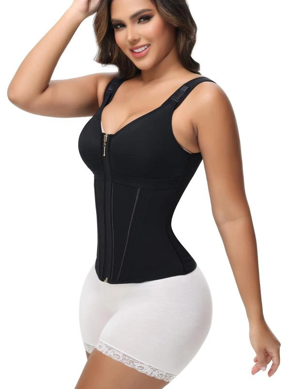 Model showcasing a black waist-shaping garment with a built-in bra, adjustable shoulder straps, front zipper, and contoured panels.