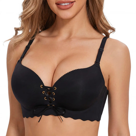 Front view of a black bra featuring adjustable shoulder straps, scalloped edges, and a decorative crisscross lace-up center with bow detail.