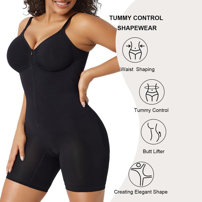 Close-up product image of a woman wearing a black one-piece shaping garment, with feature illustrations highlighting waist contouring, tummy compression, butt enhancement, and body-smoothing effects.