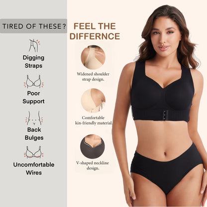 Model wearing a black supportive bra featuring widened shoulder straps, a smooth underband with adjustable hooks, a V-shaped neckline, soft skin-friendly fabric, and a wire-free construction.
