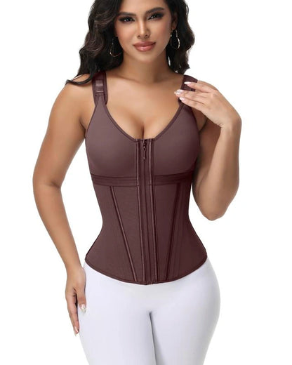 Model wearing a dark brown waist-sculpting bodysuit with adjustable straps, structured side panels, and a secure center-front zipper.