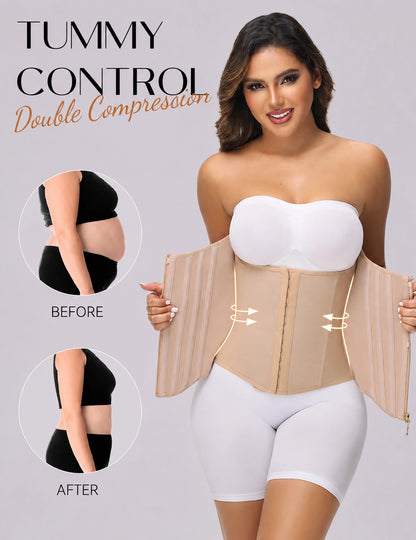 Woman wearing a beige compression waist trainer with extended abdominal coverage, featuring a double-layer slimming structure, side tightening panels, and a before-and-after comparison showing waist contour enhancement.