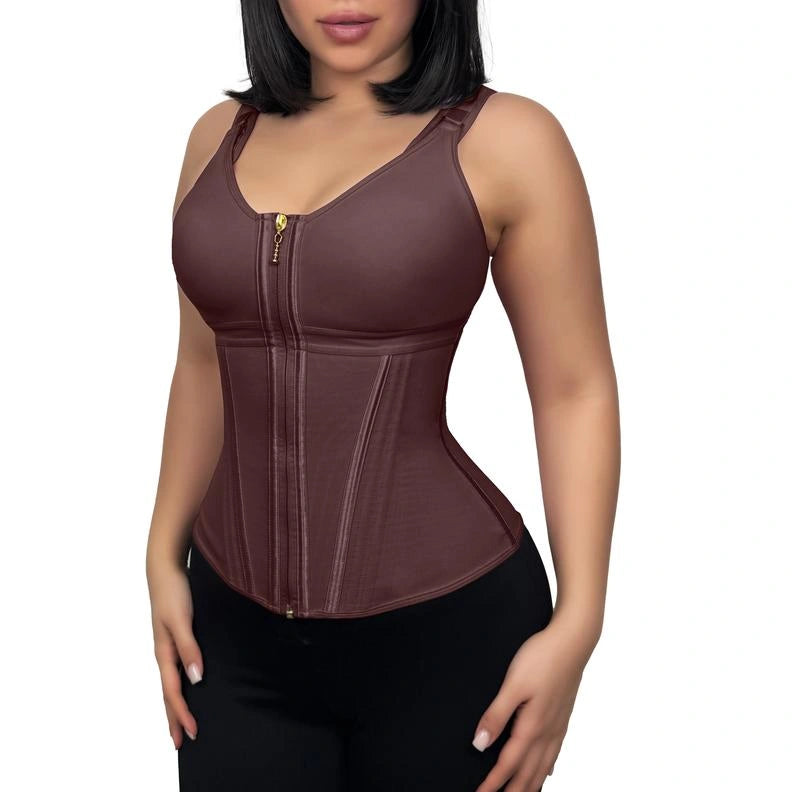 Front view of a woman wearing a dark brown waist trainer with adjustable shoulder straps, sculpting panels, and a full-length center zipper.