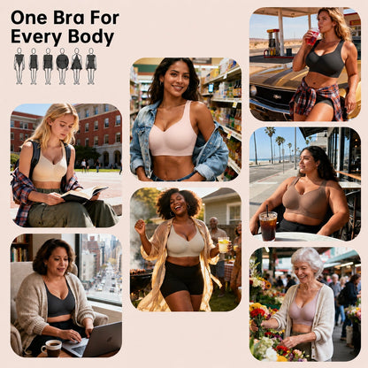Lifestyle collage featuring a wireless bra styled on women of different ages, sizes, and body shapes in campus, shopping, travel, café, and outdoor settings.
