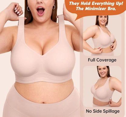 Promotional graphic featuring a woman wearing a smooth pink-toned minimizer bra with wide straps, full bust coverage, and supportive underbust shaping.