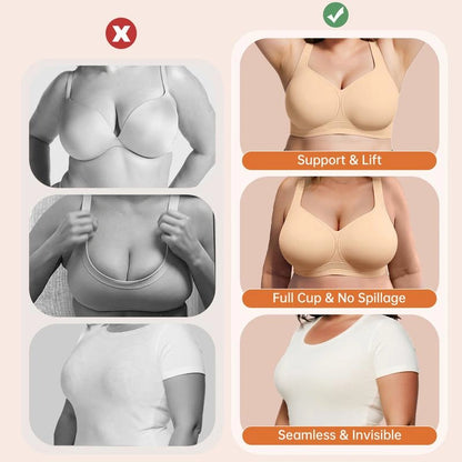 Comparison graphic highlighting a supportive bra with full-cup coverage, enhanced lift, and a smooth silhouette designed to reduce overflow under clothing.