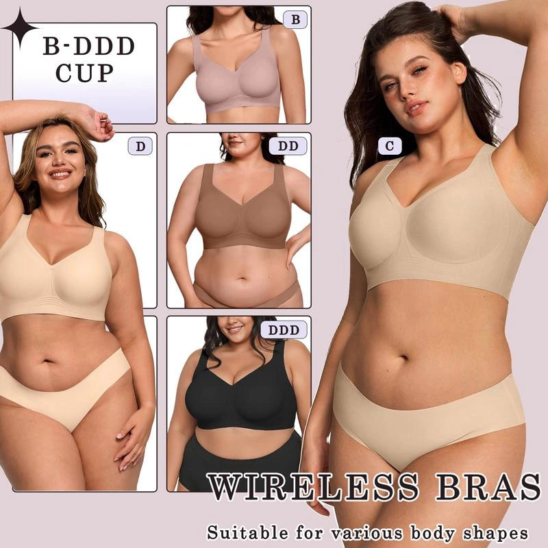 Multi-image bra size comparison showing full-coverage wireless support bras in nude, beige, taupe, and black for B through DDD cup sizes.
