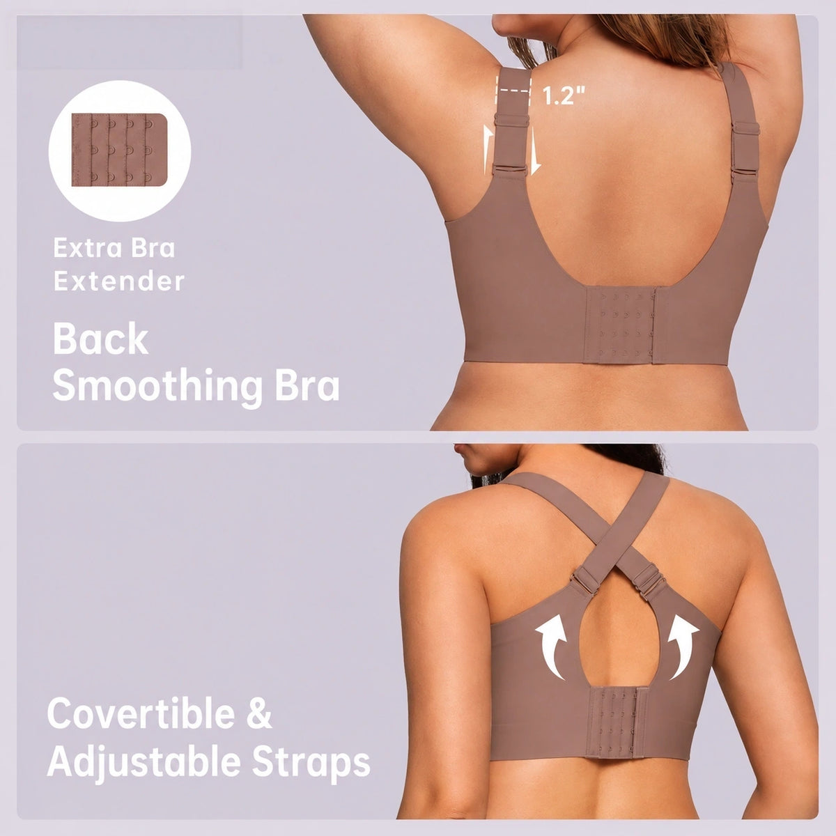 Rear-view mocha bra featuring adjustable shoulder straps, a hook-and-eye closure, and convertible crossed-back straps for enhanced support and back smoothing.