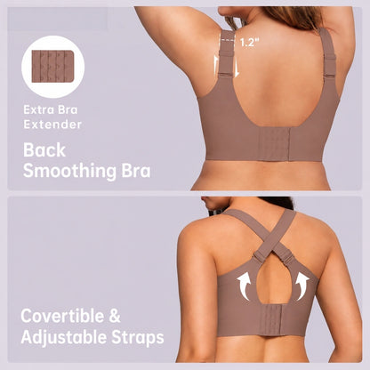 Rear-view mocha bra featuring adjustable shoulder straps, a hook-and-eye closure, and convertible crossed-back straps for enhanced support and back smoothing.