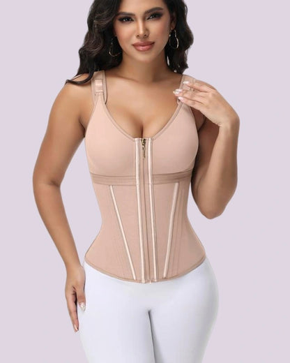 Woman wearing a nude-toned waist-cinching bodysuit with adjustable shoulder straps and structured front panels