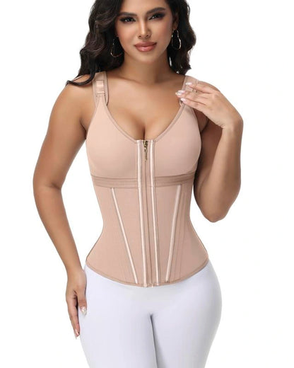 Model wearing a beige shaping bodysuit with adjustable straps, a supportive bust section, structured waist panels, and a full-length front zipper.