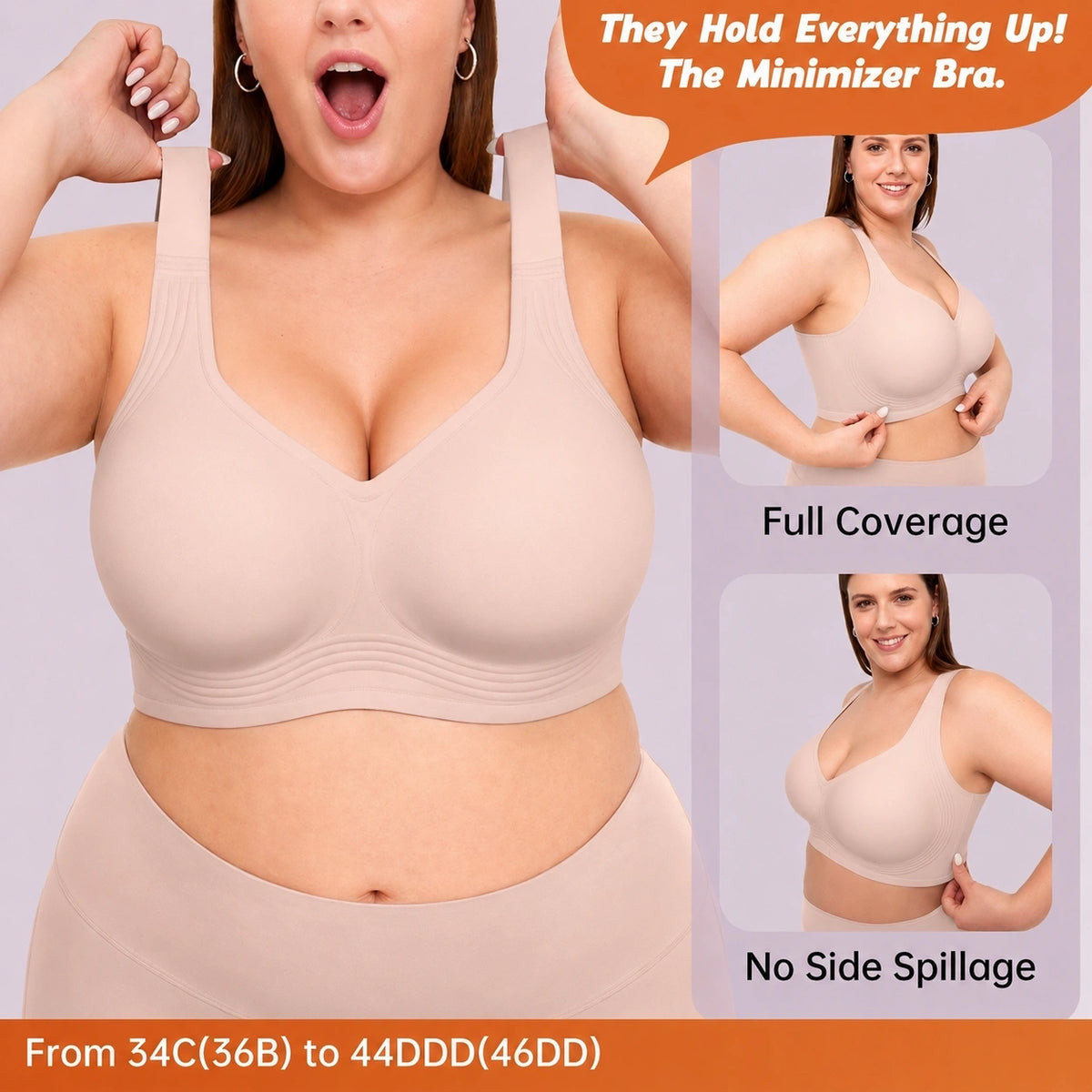 Woman modeling a nude minimizer bra with wide shoulder straps, smooth full-coverage cups, and a supportive underband designed for comfortable everyday wear.