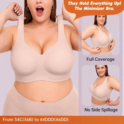 Woman modeling a nude minimizer bra with wide shoulder straps, smooth full-coverage cups, and a supportive underband designed for comfortable everyday wear.