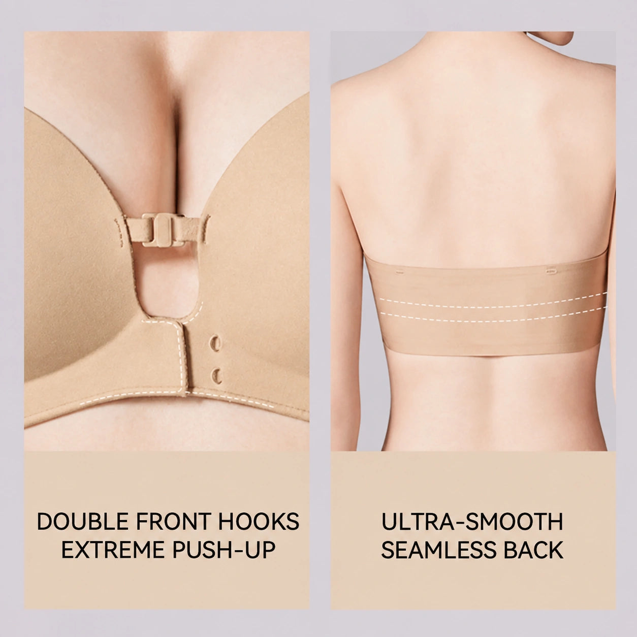 Detail comparison showing the beige bra’s dual front hook closure for enhanced lift and a wide, smooth rear band designed to minimize visible lines beneath clothing.