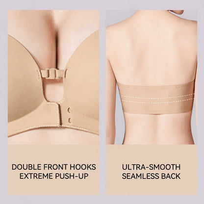 Detail comparison showing the beige bra’s dual front hook closure for enhanced lift and a wide, smooth rear band designed to minimize visible lines beneath clothing.