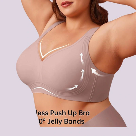 Woman wearing a nude support bra with wide straps, smooth molded cups, reinforced side bands, and upward shaping details.