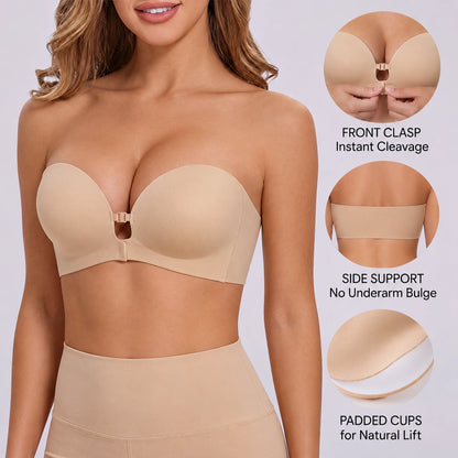 Model wearing a seamless nude bandeau bra with molded padded cups and a center clasp, accompanied by detail views of the back band, side support construction, and cup padding for a smooth lifted appearance.