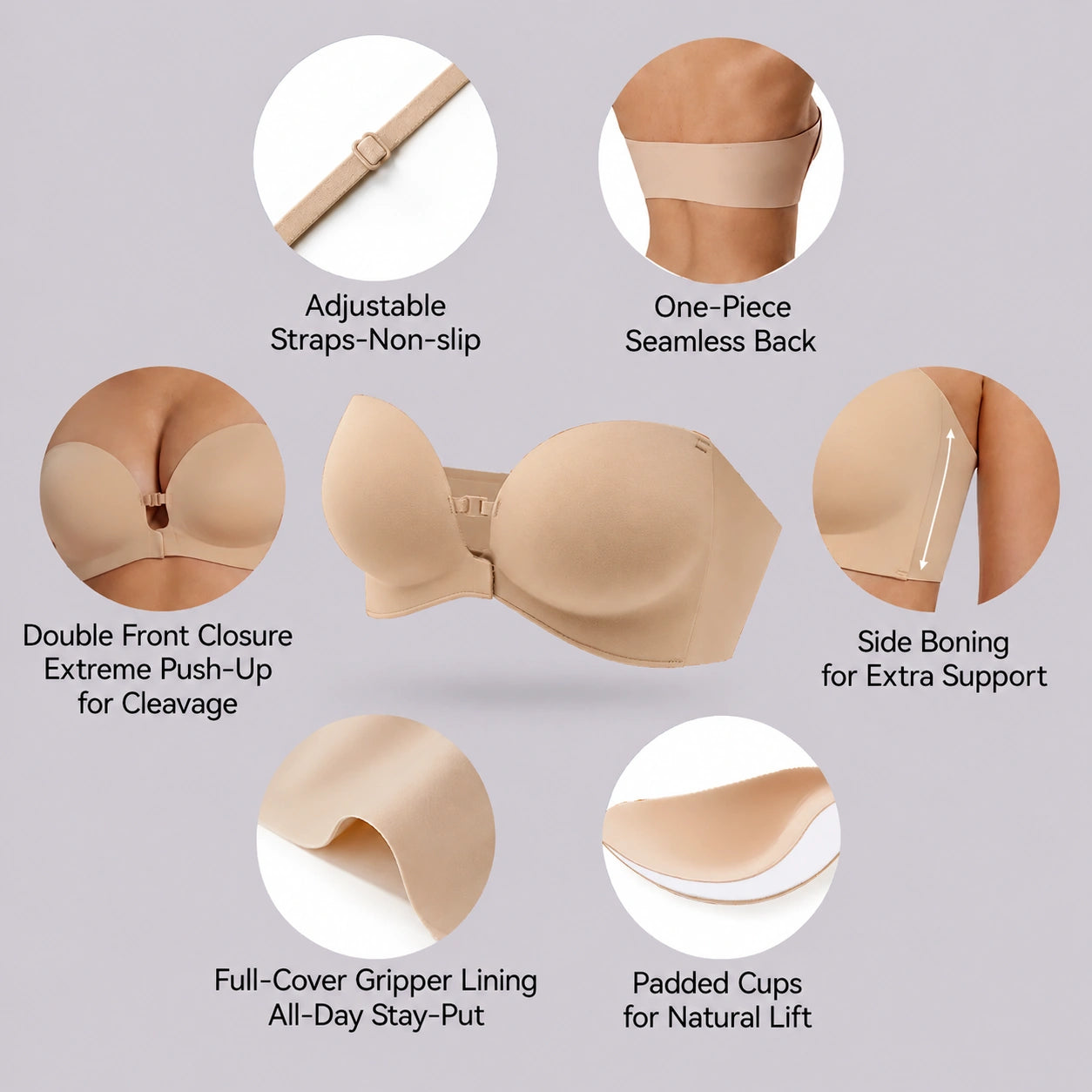 Feature graphic of a nude strapless bra displaying adjustable non-slip straps, a seamless back, dual front fastening, reinforced side boning, full-coverage grip lining, and padded cups for a secure fit.