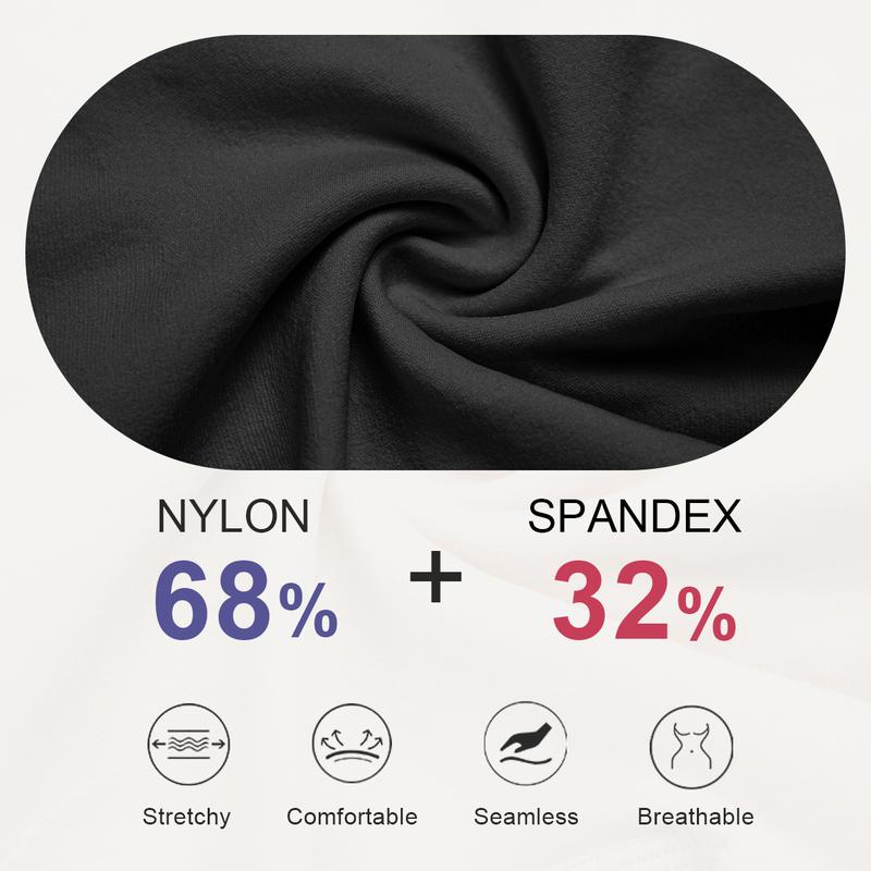 Close-up of smooth black stretch fabric with a composition graphic showing 68% nylon and 32% spandex, highlighting its stretchy, comfortable, seamless, and breathable properties.