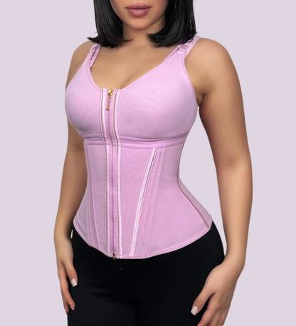Pink compression bodysuit with adjustable straps, front zipper closure, and contoured panels designed for waist shaping
