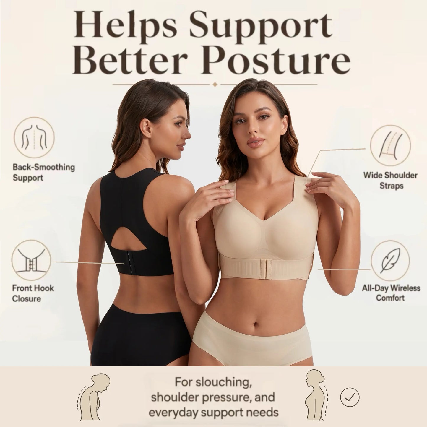 Two models demonstrating a supportive bra designed for improved posture, featuring back-smoothing construction, front hook closure, wide shoulder straps, and a wireless comfort design for extended wear.