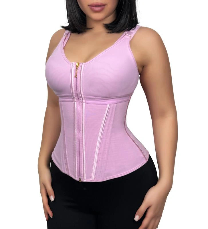 Woman modeling a purpe waist-cinching shapewear top with adjustable shoulder straps, structured vertical panels, and a full-length front zipper.