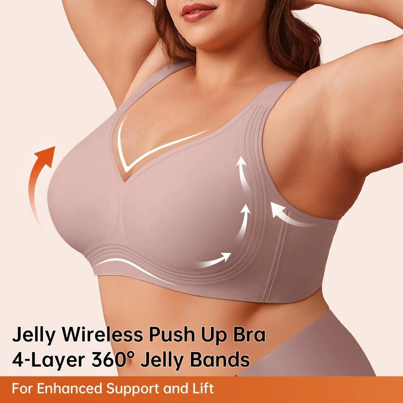 Close-up of a woman wearing a soft wireless bra with supportive side panels, sculpting seams, and lift-enhancing construction.