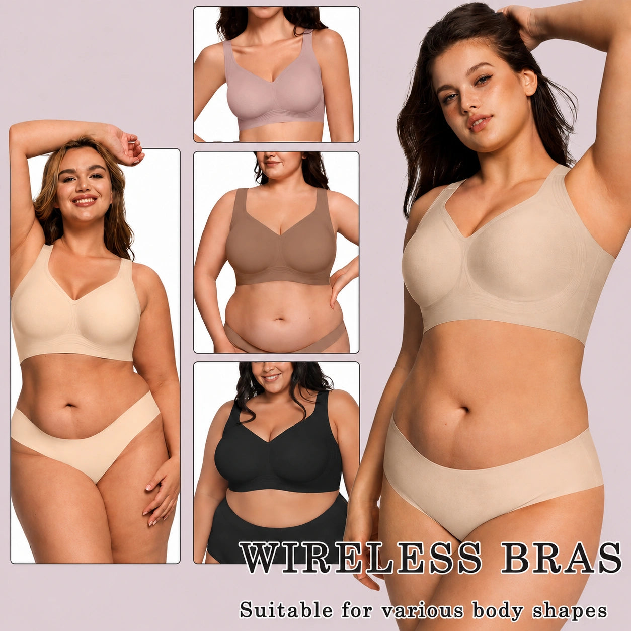 Lifestyle collage showcasing a wireless bra in nude, taupe, pink, and black shades, modeled on different body shapes with a soft, seamless design.