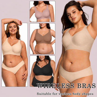 Lifestyle collage showcasing a wireless bra in nude, taupe, pink, and black shades, modeled on different body shapes with a soft, seamless design.