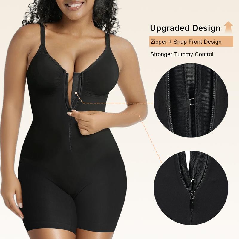 Product feature graphic showing a model wearing a black shaping bodysuit, highlighting the reinforced front fastening, zipper construction, snap closure, and enhanced abdominal support design.