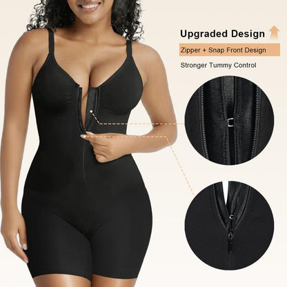 Product feature graphic showing a model wearing a black shaping bodysuit, highlighting the reinforced front fastening, zipper construction, snap closure, and enhanced abdominal support design.