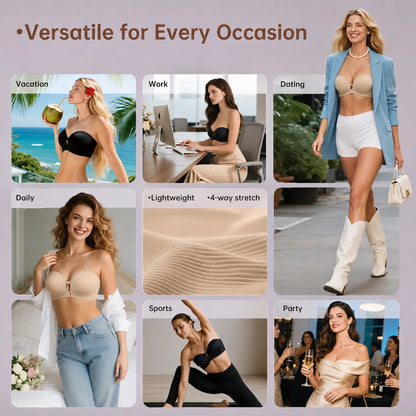 Lifestyle collage featuring a strapless bra styled for vacation, office wear, everyday outfits, exercise, dates, and parties, with a close-up highlighting lightweight four-way stretch fabric.