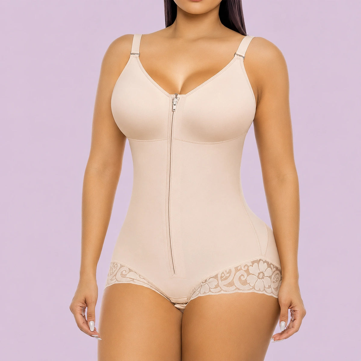 Beige body contouring bodysuit designed to smooth the waist abdomen and hips