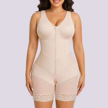 Beige full body shapewear bodysuit with tummy control bust support and a smooth sculpted silhouette