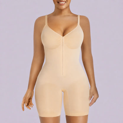 Beige sculpting bodysuit for women with tummy and thigh smoothing