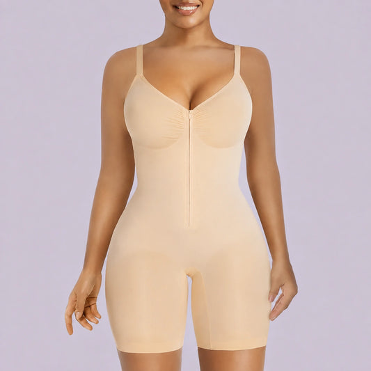 Beige sculpting bodysuit for women with tummy and thigh smoothing