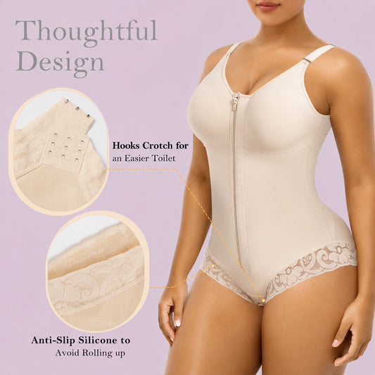 Beige shapewear bodysuit with easy access crotch hooks and anti slip lace trim