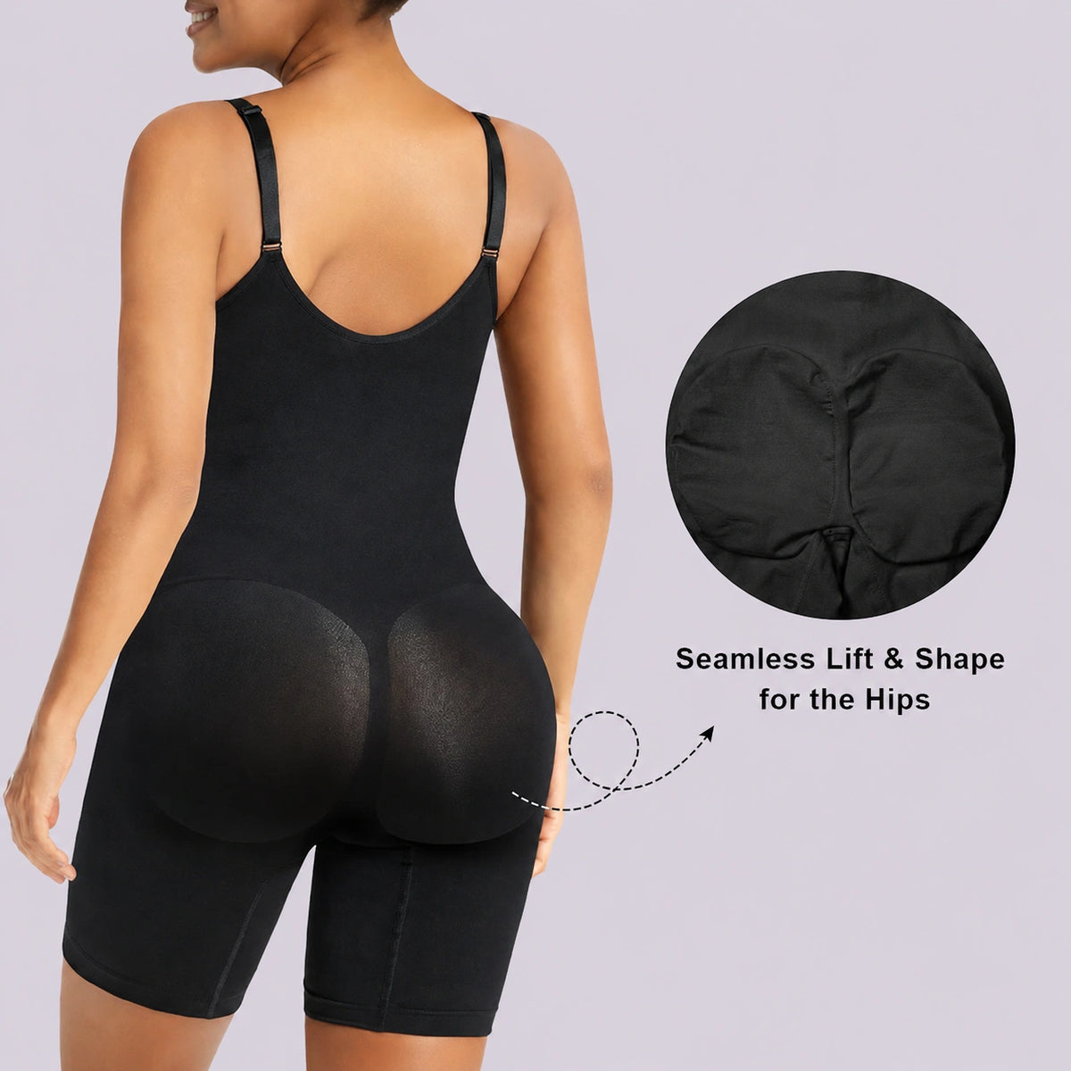Black shapewear bodysuit back view with smoothing coverage over the hips and thighs